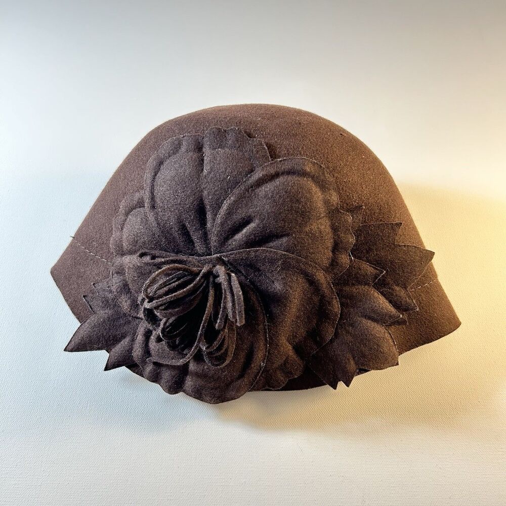 Wool Felt Cloche Hat Womens Brown Flower Flapper Style 20s 30s One Size